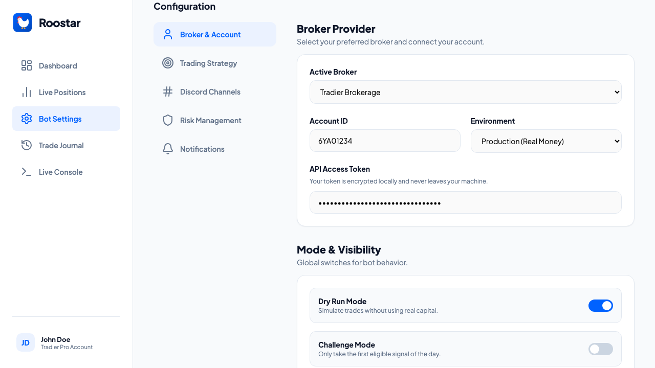 Roostar settings mockup
